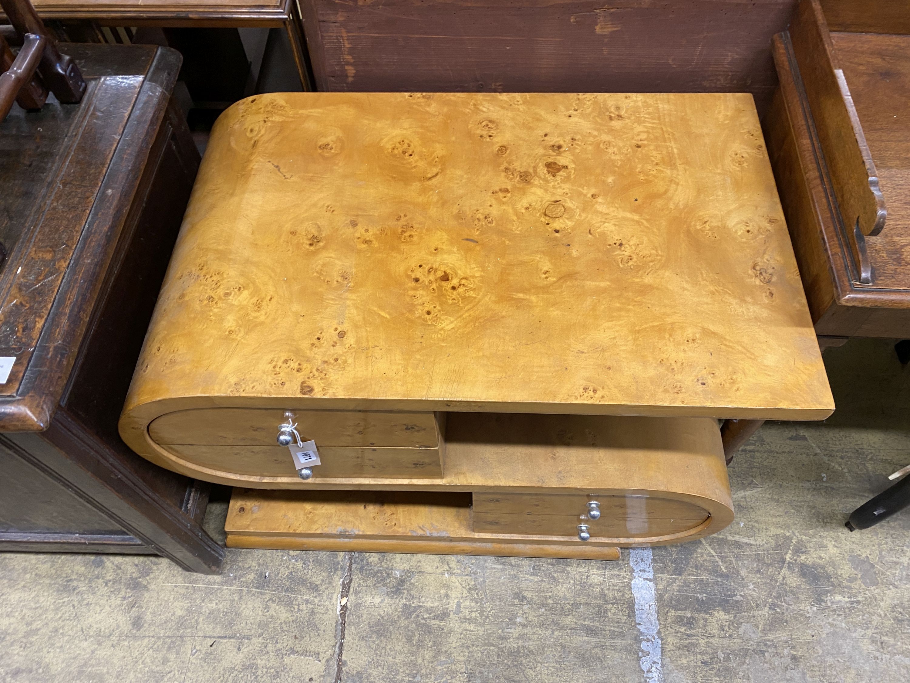 An Art Deco style bird's eye maple 'S' shaped chest, width 92cm, depth 55cm, height 67cm
